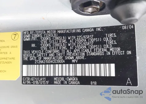 2004 Lexus Rx 330 z USA, uszkodzony, nr VIN 2T2HA31U04C039004